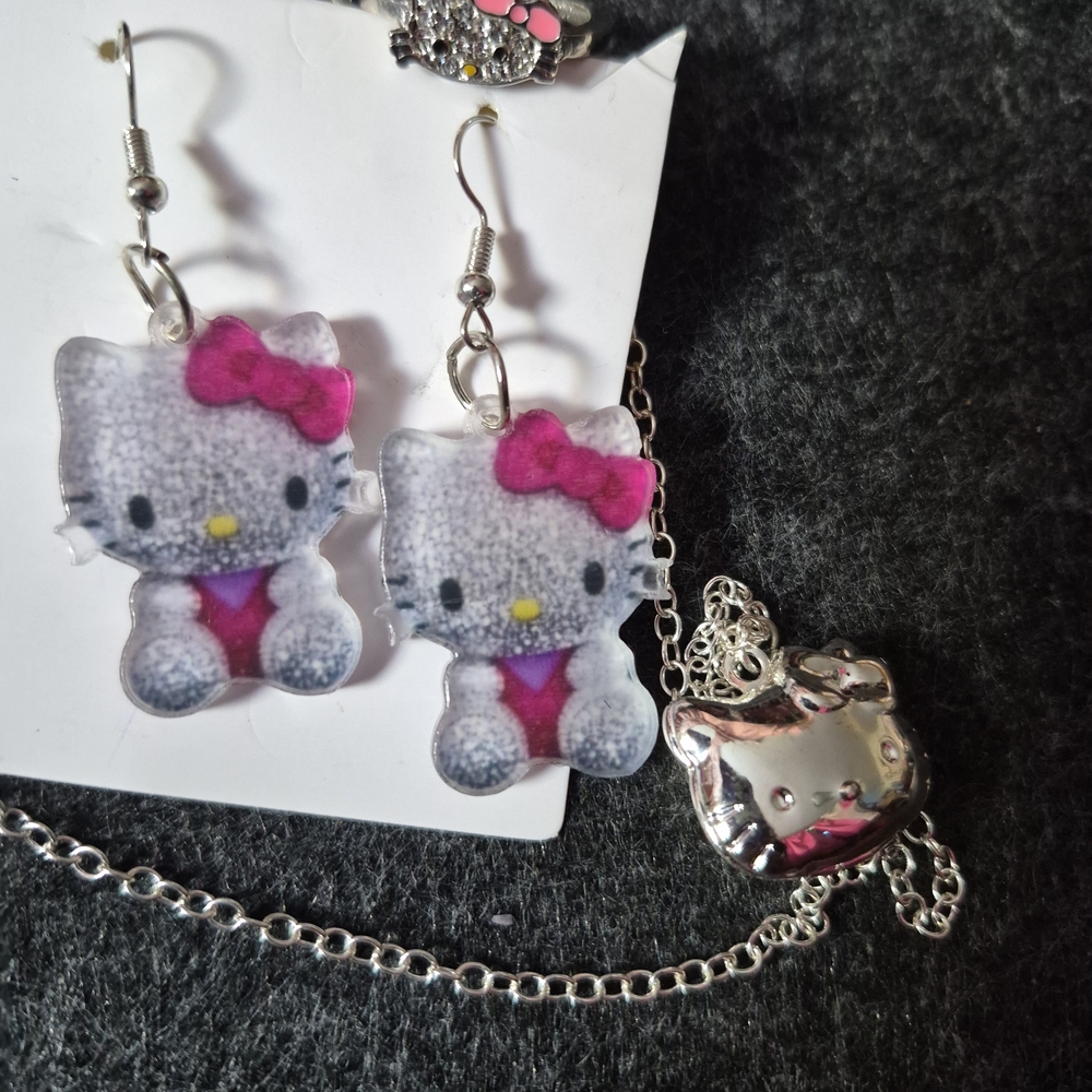 Hello Kitty Pink and Silver Earrings, Necklace, And Ring Set